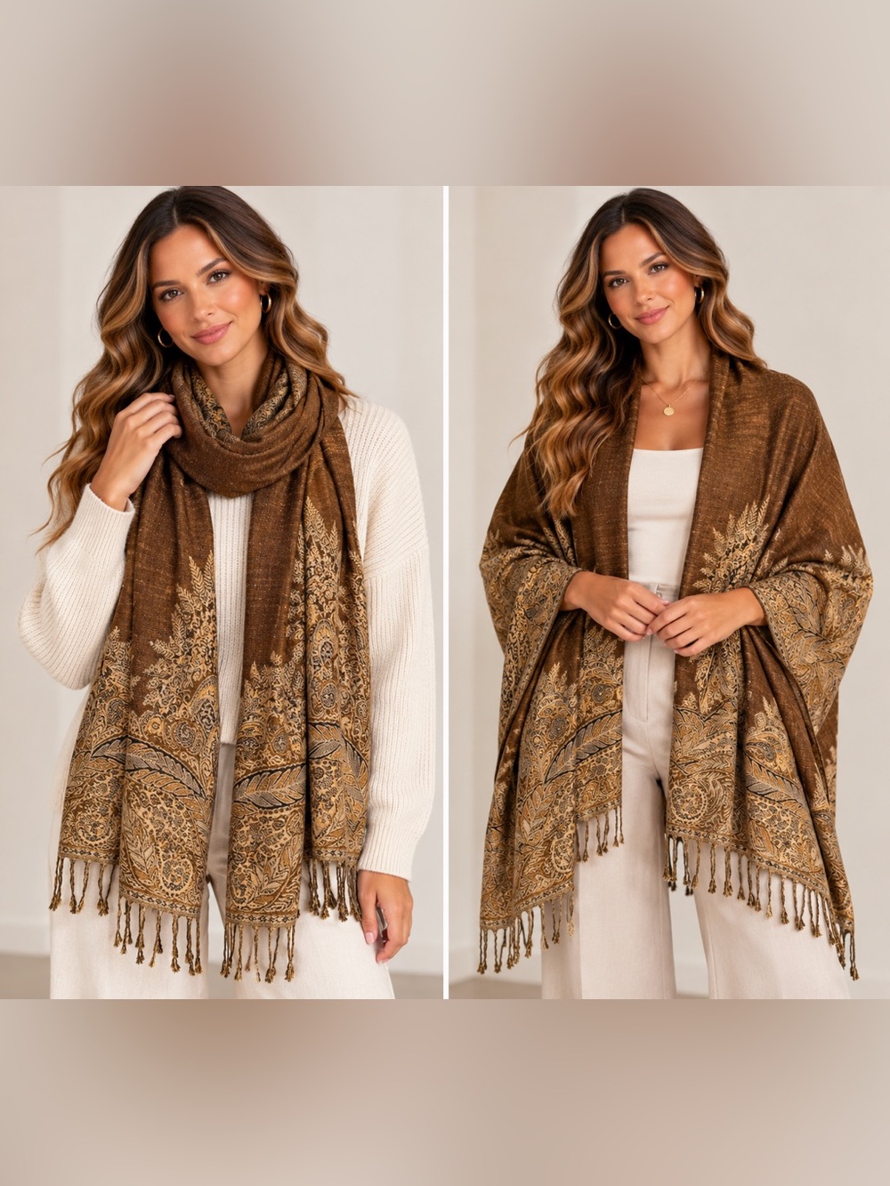 Brown Paisley Jacquard Fringe Scarf